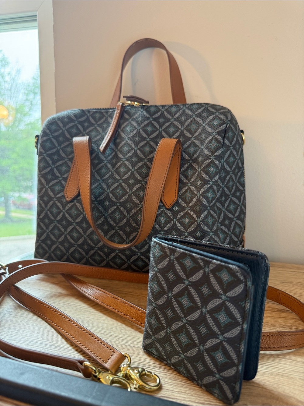 Fossil Patterned Tote with Brown Trim and Wallet